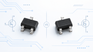 2N7002 vs 2N7002-6AF MOSFET comparison showing two SOT-23 components with N-channel MOSFET circuit symbols.