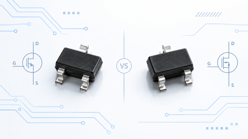 2N7002 vs 2N7002-6AF MOSFET comparison showing two SOT-23 components with N-channel MOSFET circuit symbols.