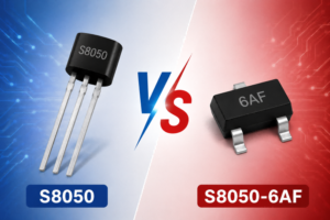 S8050 vs S8050-6AF comparison showing TO-92 through-hole transistor and SOT-23 surface mount package on PCB