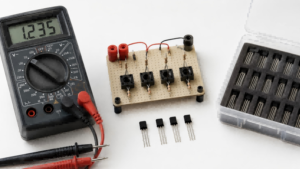 Transistor matching test setup with multimeter and small-signal transistors