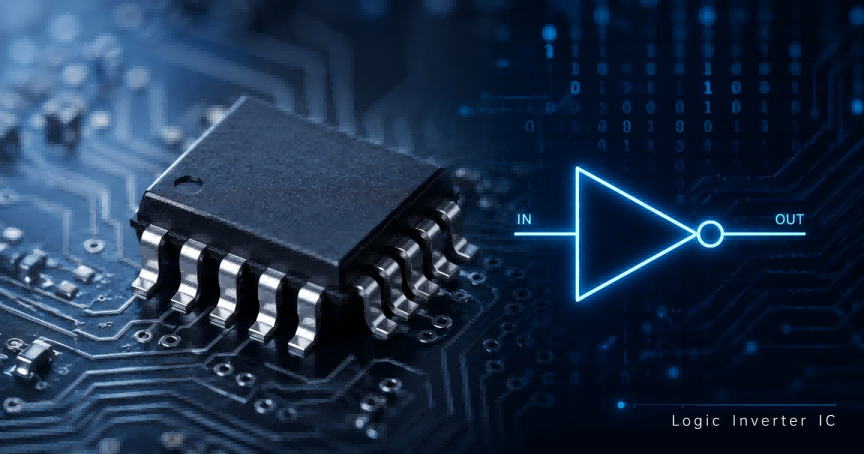 Logic inverter IC with NOT gate symbol on a circuit board