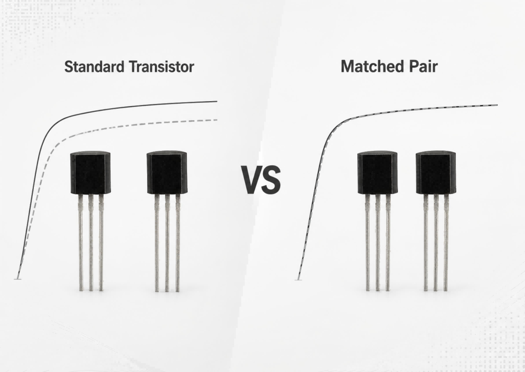 Matched transistor pair compared with standard transistors showing improved consistency for precision analog circuits