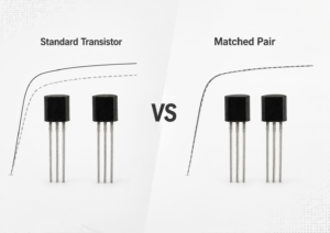 Matched transistor pair compared with standard transistors showing improved consistency for precision analog circuits