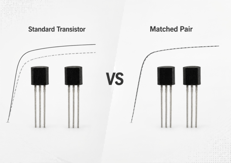 Matched transistor pair compared with standard transistors showing improved consistency for precision analog circuits