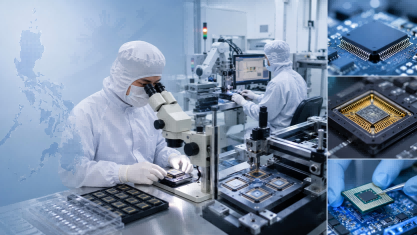 Semiconductor manufacturing cleanroom in the Philippines showing engineers performing chip assembly, packaging, and testing operations.
