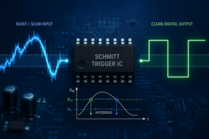 Schmitt trigger IC converting a noisy or slow input signal into a clean digital output using hysteresis thresholds.