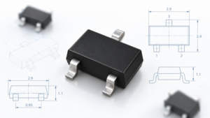 SOT-23 semiconductor package with three metal leads and technical dimension drawings