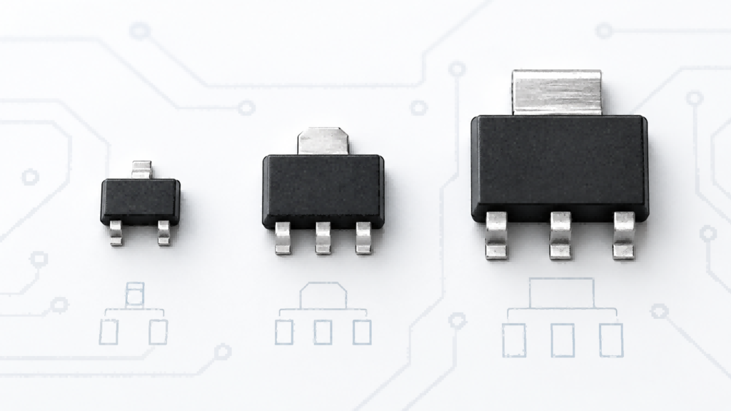 SOT-23 vs SOT-89 vs SOT-223 semiconductor package size comparison showing different body sizes, metal tabs, and lead configurations.