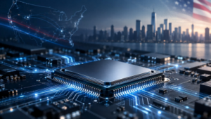 Top semiconductor companies in the USA represented by a semiconductor chip, U.S. technology network, and city skyline.
